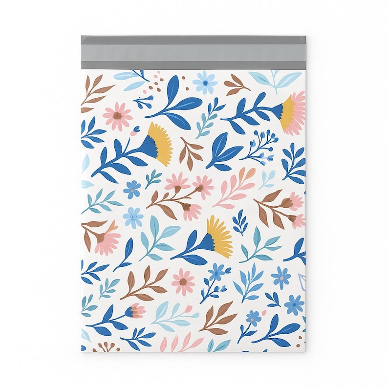 May include: White poly mailer featuring a colorful floral pattern. The design includes blue, yellow, pink, and brown flowers and leaves. The top edge has a gray strip for sealing. Ideal for shipping small items.