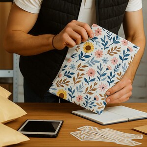 May include: A floral patterned envelope with yellow sunflowers, pink flowers, and blue leaves. The envelope is held open, revealing its interior. Other envelopes, a tablet, and a notebook are on the wooden surface.