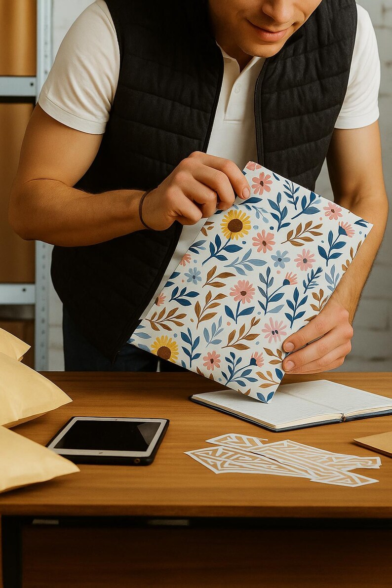 May include: A floral patterned envelope with yellow sunflowers, pink flowers, and blue leaves. The envelope is held open, revealing its interior. Other envelopes, a tablet, and a notebook are on the wooden surface.