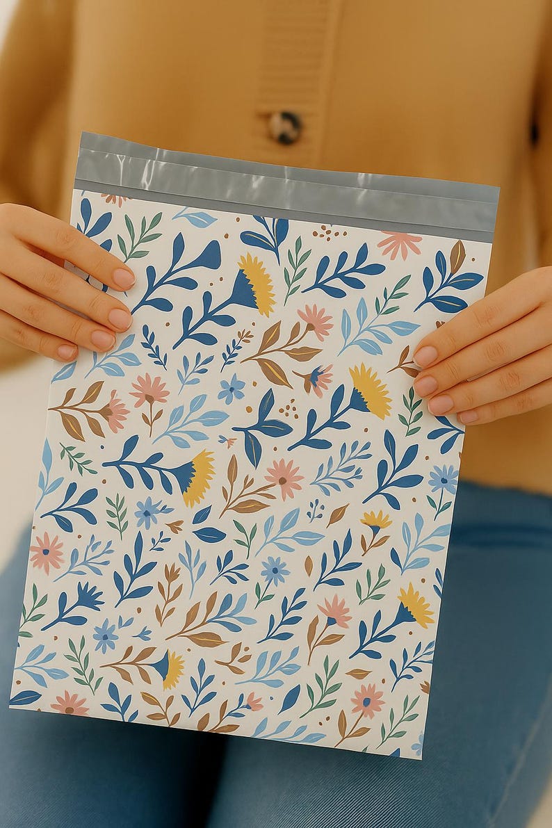 May include: A white floral patterned shipping envelope with a gray sealed top. The pattern includes blue, yellow, pink, and brown flowers and leaves. The envelope is held by two hands.