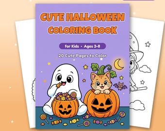 May include: A digital Halloween coloring book cover featuring a ghost holding a jack-o'-lantern filled with candy and a cat inside another jack-o'-lantern. Text reads: CUTE HALLOWEEN COLORING BOOK for Kids Ages 3-8 20 Cute Pages to Color.
