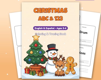May include: A 47-page Christmas ABC & 123 coloring and tracing book for ages 3-6 in English and Spanish. The cover features a decorated Christmas tree, a snowman, a reindeer, and a gingerbread man on a light background.
