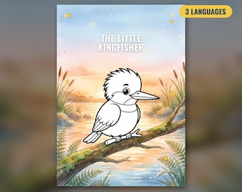 May include: A printable picture book titled The Little Kingfisher featuring a black and white line art illustration of a kingfisher bird perched on a tree branch against a watercolor background of a lake, reeds, and a sunset sky.