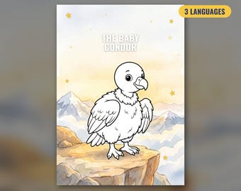 May include: A printable picture book cover titled THE BABY CONDOR featuring a black and white line art illustration of a young condor standing on a rocky cliff edge against a watercolor background of mountains, clouds, and yellow stars.
