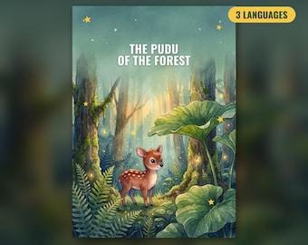May include: A printable picture book titled The Pudu of the Forest featuring a brown spotted fawn standing in a lush green woodland setting with large leaves, mossy trees, glowing fireflies, and small yellow stars in the background.