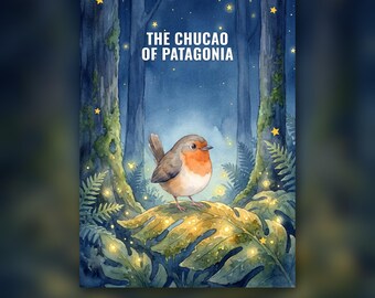 May include: A watercolor illustration of a small bird with a reddish-orange breast perched on a large leaf in a dark forest. The text THE CHUCAO OF PATAGONIA is centered above the bird. The scene features tall trees and glowing yellow stars.