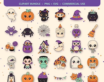 May include: A digital collection of 30 Kawaii Halloween clipart icons featuring a ghost, pumpkin, black cat, witch, cauldron, bat, spider, web, candle, potion, broom, candy, treat bucket, house, moon, owl, skeleton, mummy, vampire, Frankenstein, mushrooms, tombstone, and cupcake.