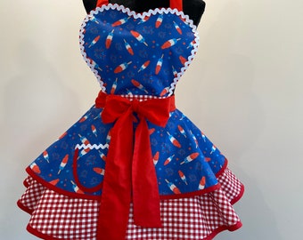 Popsicle Pin Up Retro Red White and Blue Rocket Pops Apron