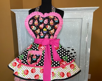 Cupcake Apron with heart decorations and flowers with polkadots