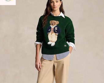 Suéter de punto vintage con diseño de oso de Polo Ralph Lauren / Jersey de lana verde