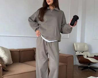 Women’s Relaxed Fit Two Piece Set - Casual Zip Neck Lounge Set – Top & Pants