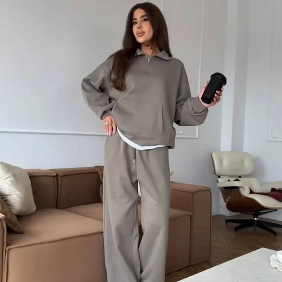 Women’s Relaxed Fit Two Piece Set - Casual Zip Neck Lounge Set – Top & Pants