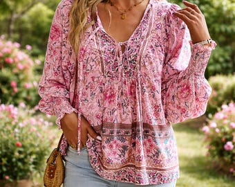 Women’s Boho Style Floral Blouse | Soft Viscose Fabric Top | Casual Loose Fit Tunic