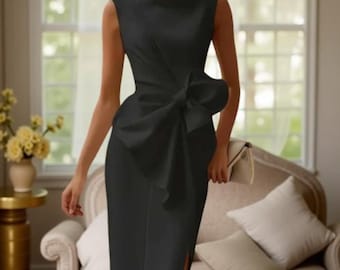 elegant dress with bow Long Formal Dress with Short Puff Sleeves