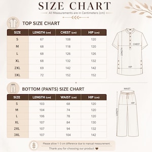 May include: A size chart for a top and pants with measurements in centimeters. The top chart lists length, chest, and hip for sizes S to 3XL. The bottom chart lists length, waist, and hip for sizes S to 3XL. Includes diagrams of a shirt and pants.