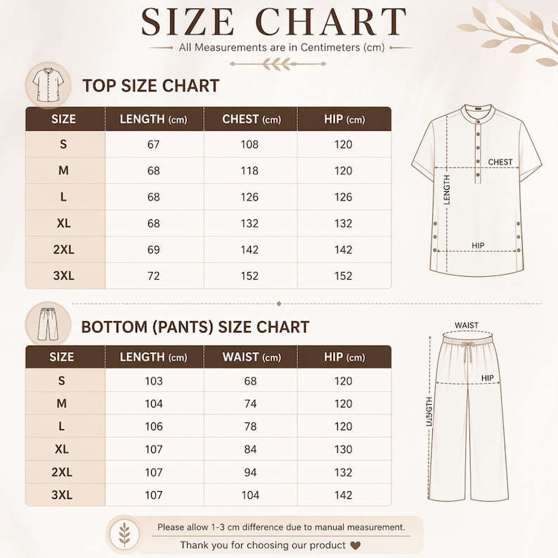 May include: A size chart for a top and pants with measurements in centimeters. The top chart lists length, chest, and hip for sizes S to 3XL. The bottom chart lists length, waist, and hip for sizes S to 3XL. Includes diagrams of a shirt and pants.