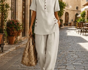 Müheloses Sommerset für Frauen, zweiteiliges Outfit aus Leinenmischung, entspannte Passform