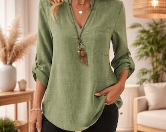 Women’s Flax Linen  Blouse | Loose Fit Casual Top | Relaxed Fit V Neck Shirt