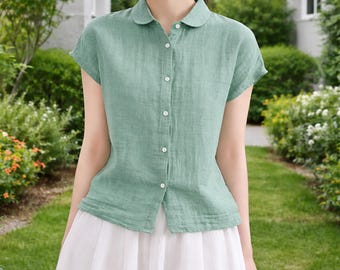 Leinen Baumwollmischung Frauen Bluse - Damen Knopfleiste Shirt - Relaxed Fit Sommer Top