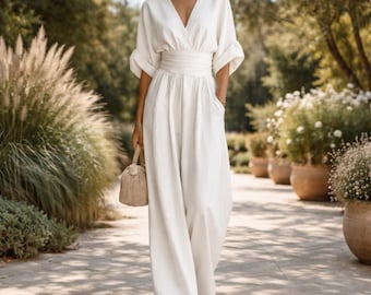 Women Summer Jumpsuit, Wide Leg V Neck Belted Casual Loose Fit Outfit