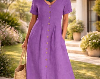 Conjunto midi de lino con bolsillos, corte holgado, ideal para el verano, con botones en la parte delantera y estilo bohemio.