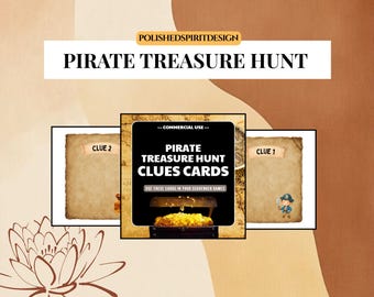 Peut inclure: Image promotionnelle pour une chasse au trésor sur le thème des pirates. L'image présente trois cartes avec les textes "CLUE 1" et "CLUE 2", et une carte centrale avec "PIRATE TREASURE HUNT CLUES CARDS". Le fond est un mélange de marron et de beige.