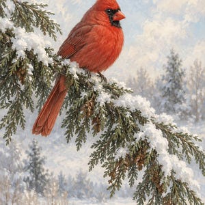 May include: A vibrant red northern cardinal bird with a black face mask and a pointed crest perched on a snow-covered evergreen branch. The scene features a winter landscape with soft, muted blue and white tones, highlighting the bird's plumage.