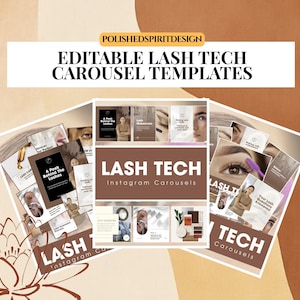 May include: An image featuring editable Lash Tech carousel templates. The design includes various layouts with text and images related to lash extensions and care. The color scheme is neutral with brown and beige tones.