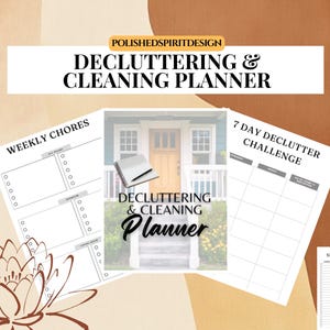Puede incluir: Un planificador de limpieza y organización con el texto "DECLUTTERING & CLEANING PLANNER" en una pancarta blanca. El planificador incluye secciones para tareas semanales, un desafío de limpieza de 7 días y limpieza rápida.