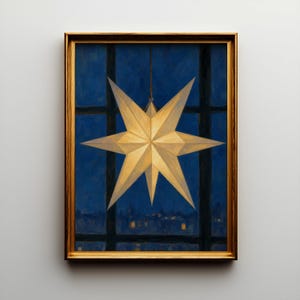 May include: A framed painting featuring a large, multi-pointed, pale yellow star hanging in front of a dark blue window pane. The background shows a faint, dark cityscape at night with small, scattered yellow lights visible through the window grid.