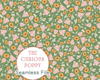 Ditsy Floral Seamless Pattern – Green Poppy Repeat File (Digital Download) - 300 DPI PNG