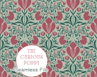 Art Nouveau Botanicals Seamless Pattern – Vintage Pink and Green Tulips Repeat File (Digital Download) - 300 DPI PNG