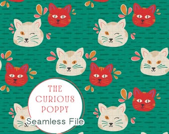 Playful Cats Folk Art Pattern – Teal, Red and Cream Seamless Repeat (Digital Download) - 300 DPI PNG