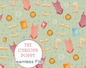 Boho Day at the Beach Seamless Pattern – Relaxing Hand Painted Coastal Repeat File (Digital Download) - 300 DPI PNG