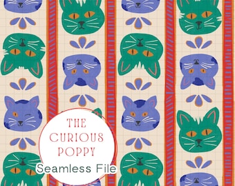 Folk Art Striped Cats Pattern – Cream, Green and Blue Seamless Repeat (Digital Download) - 300 DPI PNG