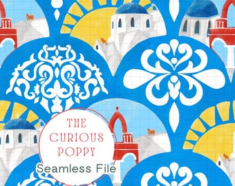 Scenes from Mykonos Greece Seamless Pattern – Greek Islands Repeat File (Digital Download) - 300 DPI PNG