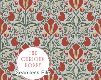 Art Nouveau Botanicals Seamless Pattern – Vintage Red Tulips Repeat File (Digital Download) - 300 DPI PNG