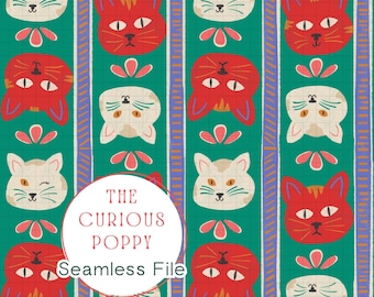 Folk Art Striped Cats Pattern – Teal, Red and Cream Seamless Repeat (Digital Download) - 300 DPI PNG