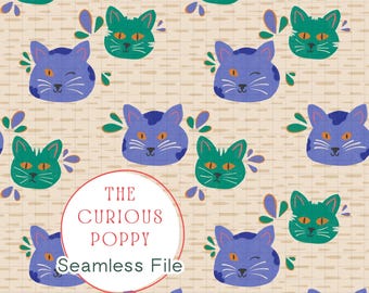 Playful Cats Folk Art Pattern – Cream, Green and Blue Seamless Repeat (Digital Download) - 300 DPI PNG