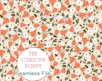 Poppy Ditsy Floral Seamless Pattern – Cream Hand Drawn Repeat File (Digital Download) - 300 DPI PNG
