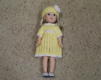 SALE  --  Wellie Wisher Dress with a Pattern and Hat with a Flower Hand Knit Dolls Toys Doll Clothes
