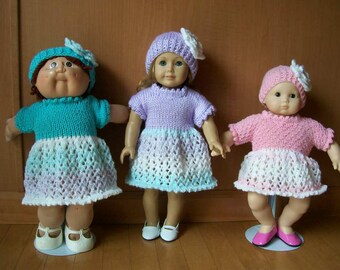 15) Knit Dress and Hat with a Flower Lace Design  Sleeves  15 or 18 Inch Doll   Variegated Yarn with Plain Yarn