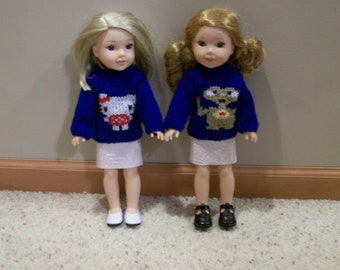 Wellie Wisher Crew Neck Sweaters with Embroider on Long Sleeves Back Closure Hand Knit Dolls Toys Doll Clothes