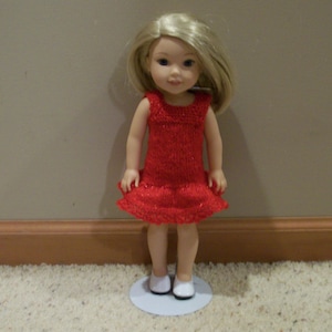 Wellie Wisher Red Sparkle Dress Short Sleeves Ruffle Bottom Back Closure Hand Knit 14 Inch Dolls Toys Doll Clothes Knits for Dolls