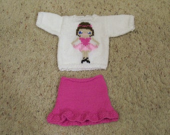 SALE  --  14 or 16 Inch CPK Outfit of a Sweater with an embroidered Ballerina and a Skirt Hand Knit Dolls Toys Doll Clothes