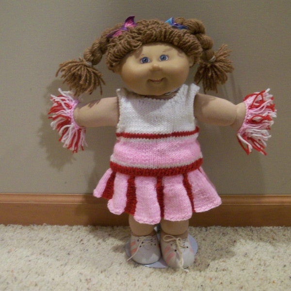 Cheerleading Outfit with Stripe Top Pleated Swing Skirt Undies and Pom Pom's Hand Knit Dolls Toys Doll Clothes CPK's AG BB other size Dolls