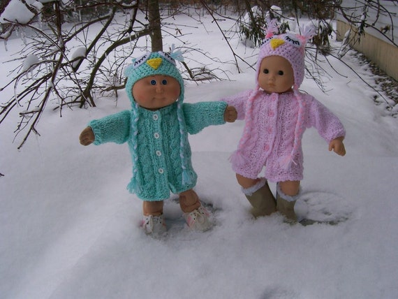 2) Knit Sweater Coat and Matching Crochet Sleeping Owl Hat for the Bitty Baby and Preemie Dolls  15 Inch Dolls