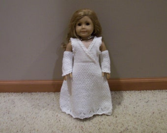 SALE  --  American Girl or 18 Inch CPK Long Dress and Fingerless Gloves Hand Knit in a White Sparkle Yarn with a Pattern