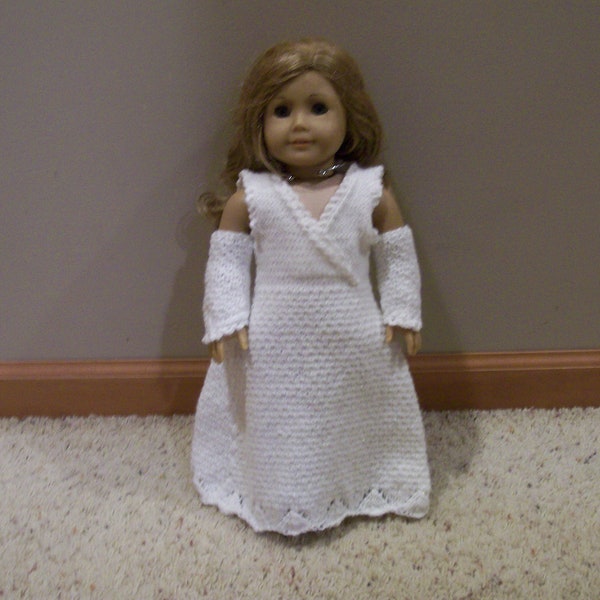 SALE  --  American Girl or 18 Inch CPK Long Dress and Fingerless Gloves Hand Knit in a White Sparkle Yarn with a Pattern