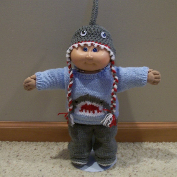 A Shark Sweater Shark Hat Long Pants and Boots Knit Hand Made for a 14 Inch Cabbage Kid Dolls Toys Doll Clothes